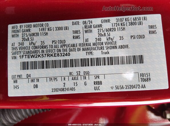 1FTEW2K57RKE83240 2024 FORD F150 Red Vista del compartimento del motor