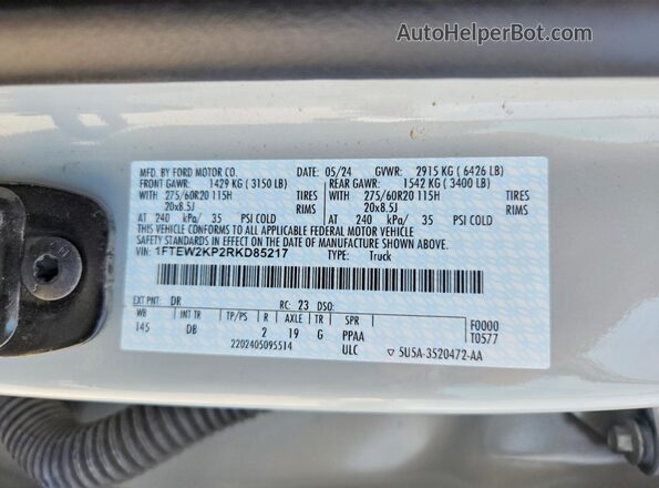 1FTEW2KP2RKD85217 2024 FORD F150 Gray Widok naklejki z numerem VIN