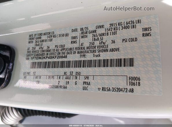 1FTEW2KP4SKF20848 2025 FORD F150 White ძრავის განყოფილების ხედი