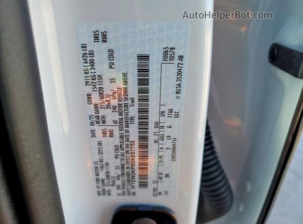 1FTEW2KP9SKE07753 2025 FORD F150 White VIN կոդի պիտակի տեսք