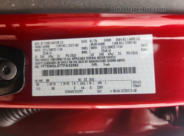 1FTEW2L57TFA32582 2026 FORD F150 Burgundy Շարժիչի բաժամունքի տեսք