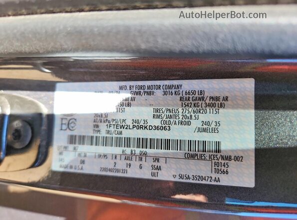 1FTEW2LP0RKD36063 2024 FORD F150 Gray VIN sticker view