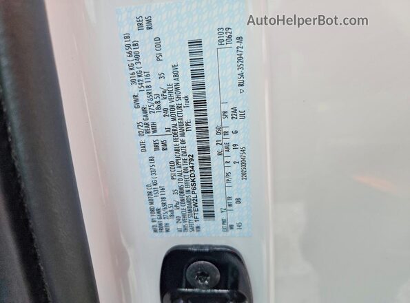 1FTEW2LP6SKD34792 2025 FORD F150 White VIN կոդի պիտակի տեսք