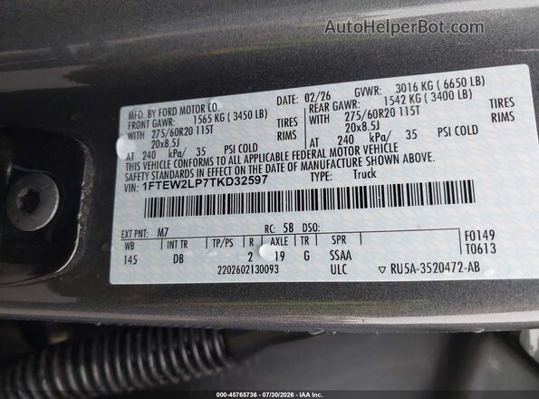1FTEW2LP7TKD32597 2026 FORD F150 Gray Vista del compartimento del motor