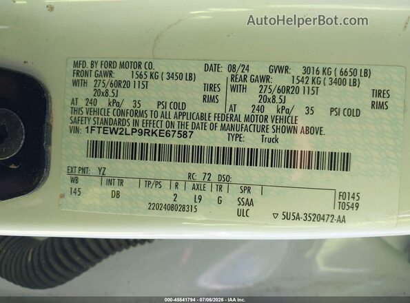 1FTEW2LP9RKE67587 2024 FORD F150 Белый Вид подкапотного пространства