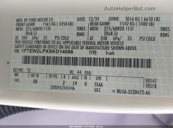 1FTEW2LPXSKD14688 2025 FORD F150 White Widok komory silnika
