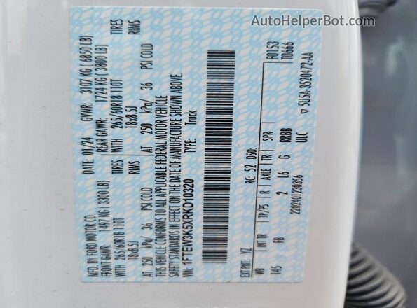1FTEW3K5XRKD10320 2024 FORD F150 White Widok komory silnika