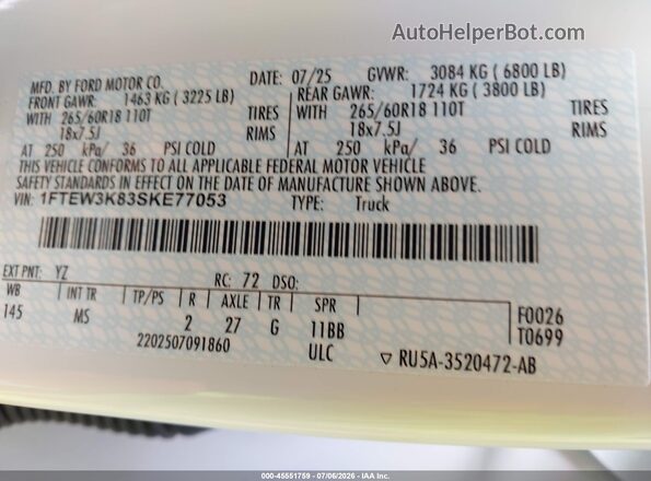 1FTEW3K83SKE77053 2025 FORD F150 White ძრავის განყოფილების ხედი