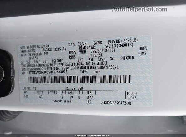 1FTEW3KP0SKE14452 2025 FORD F150 White Widok komory silnika