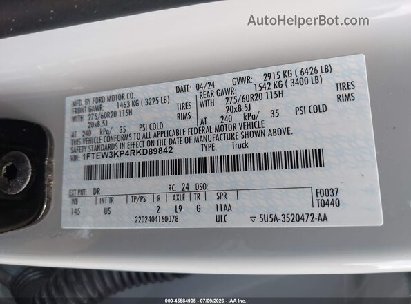 1FTEW3KP4RKD89842 2024 FORD F150 White Widok komory silnika