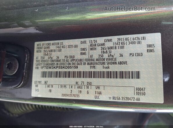 1FTEW3KP5SKD05159 2025 FORD F150 Gray ძრავის განყოფილების ხედი