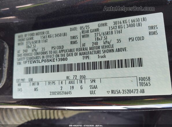 1FTEW3LP0SKE13980 2025 FORD F150 Черный Вид подкапотного пространства