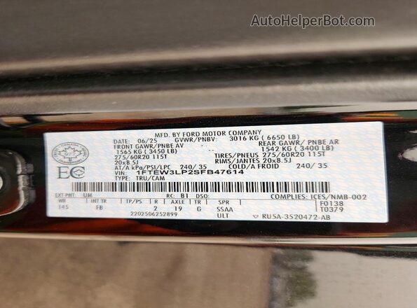 1FTEW3LP2SFB47614 2025 FORD F150 Black VIN sticker view