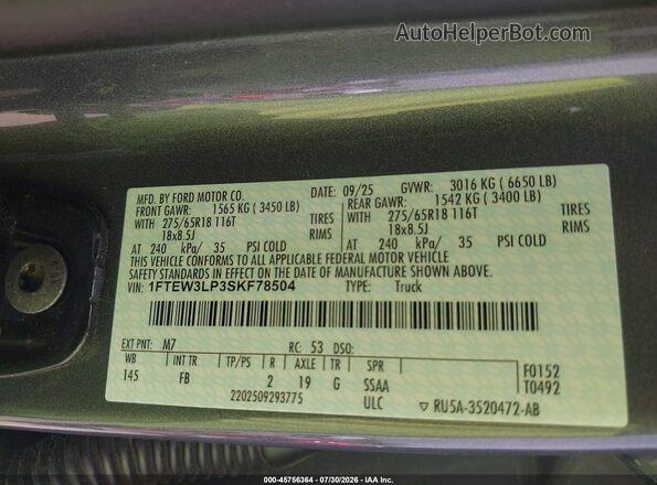 1FTEW3LP3SKF78504 2025 FORD F150 Gray Widok komory silnika
