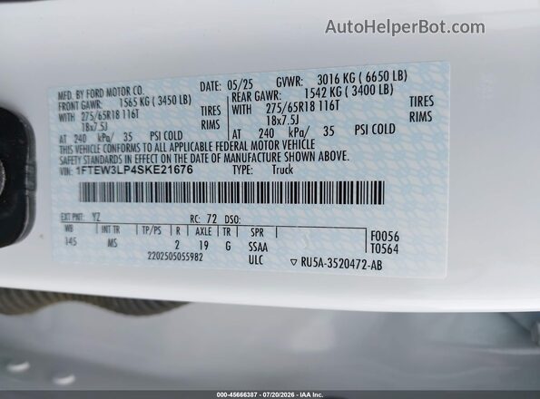 1FTEW3LP4SKE21676 2025 FORD F150 White ძრავის განყოფილების ხედი