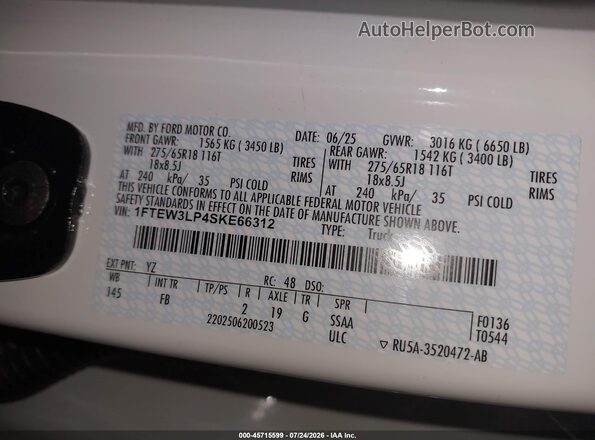 1FTEW3LP4SKE66312 2025 FORD F150 White Շարժիչի բաժամունքի տեսք
