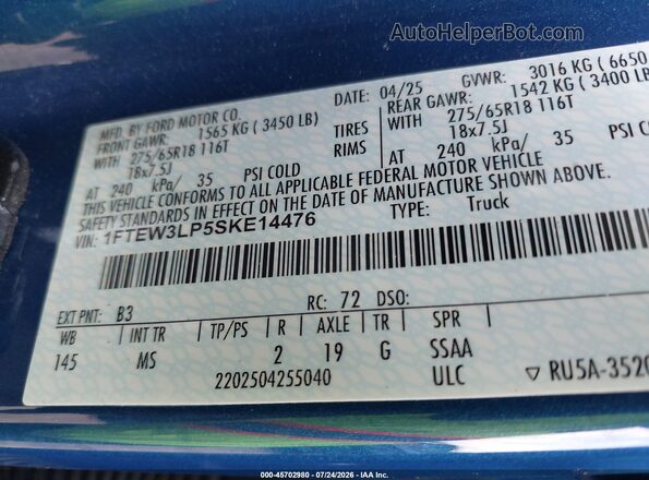 1FTEW3LP5SKE14476 2025 FORD F150 Blue Вид підкапотного простору