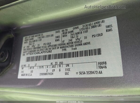1FTEX1C4XLKF51292 2020 FORD F150 Silver Շարժիչի բաժամունքի տեսք