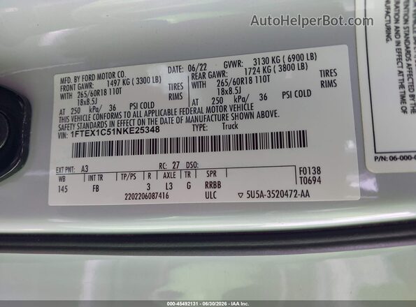 1FTEX1C51NKE25348 2022 FORD F150 Белый Вид подкапотного пространства