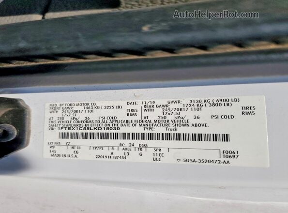 1FTEX1C55LKD15030 2020 FORD F150 White Вид підкапотного простору