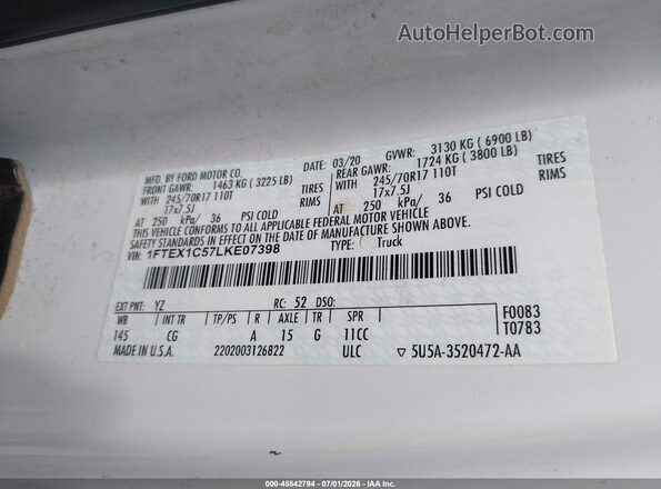 1FTEX1C57LKE07398 2020 FORD F150 White Engine compartment view