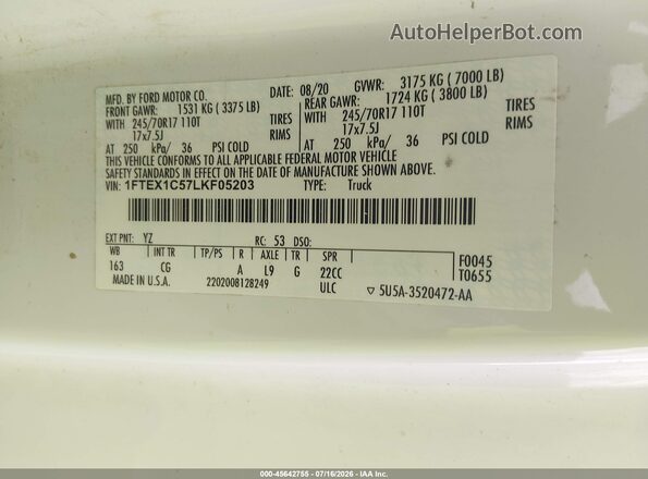 1FTEX1C57LKF05203 2020 FORD F150 White Vista del compartimento del motor
