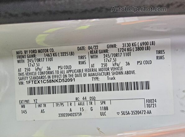 1FTEX1C58NKD52091 2022 FORD F150 Белый Вид подкапотного пространства