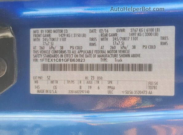 1FTEX1C81GFB63823 2016 FORD F150 Blue Widok naklejki z numerem VIN