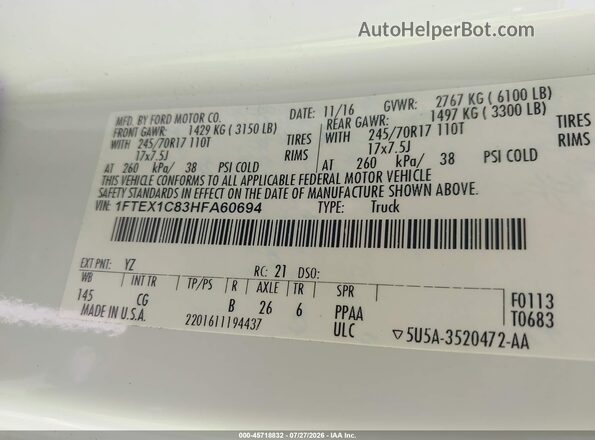 1FTEX1C83HFA60694 2017 FORD F150 White Engine compartment view
