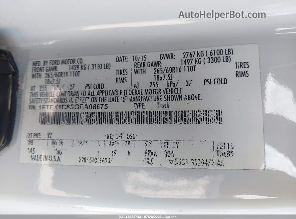 1FTEX1C85GFA08675 2016 FORD F150 White Вид підкапотного простору