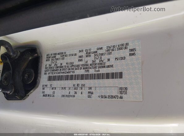 1FTEX1C87HKD49715 2017 FORD F150 White Widok komory silnika