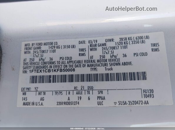 1FTEX1CB1KFB50008 2019 FORD F150 White ძრავის განყოფილების ხედი