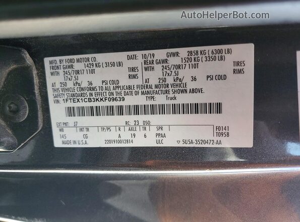 1FTEX1CB3KKF09639 2019 FORD F150 Gray VIN կոդի պիտակի տեսք