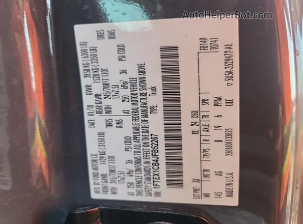 1FTEX1CB4JFB52267 2018 FORD F150 Gray VIN sticker view