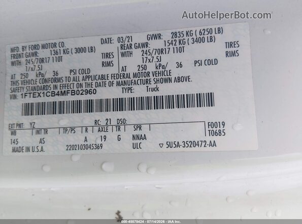 1FTEX1CB4MFB02960 2021 FORD F150 White Vista del compartimento del motor