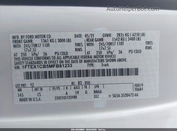 1FTEX1CB5MFB81233 2021 FORD F150 White Вид підкапотного простору