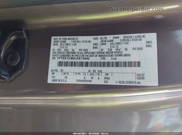 1FTEX1CB6LKE13442 2020 FORD F150 Коричневый Вид подкапотного пространства