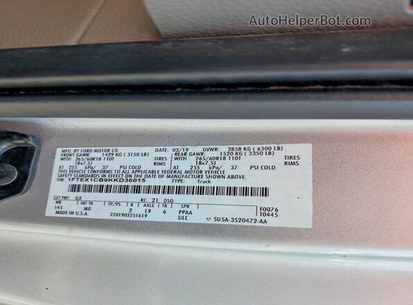 1FTEX1CB9KKD36015 2019 FORD F150 Silver Vista de la etiqueta del VIN