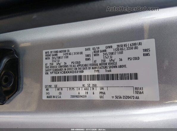 1FTEX1CBXKKD33169 2019 FORD F150 Silver Vista del compartimento del motor