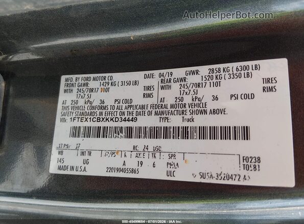 1FTEX1CBXKKD34449 2019 FORD F150 Gray Շարժիչի բաժամունքի տեսք
