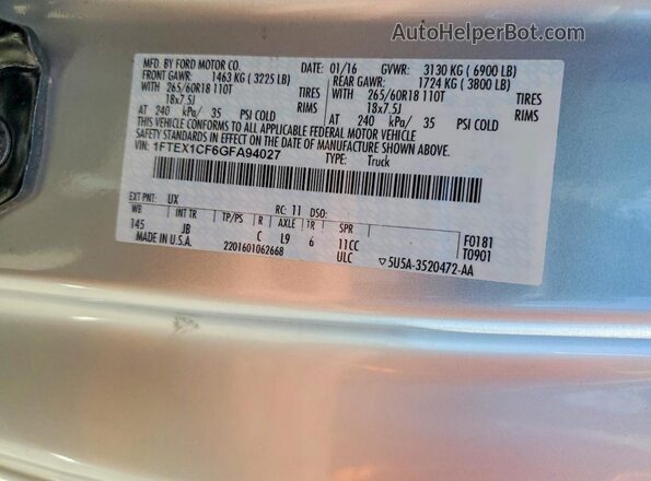 1FTEX1CF6GFA94027 2016 FORD F150 Silver VIN կոդի պիտակի տեսք