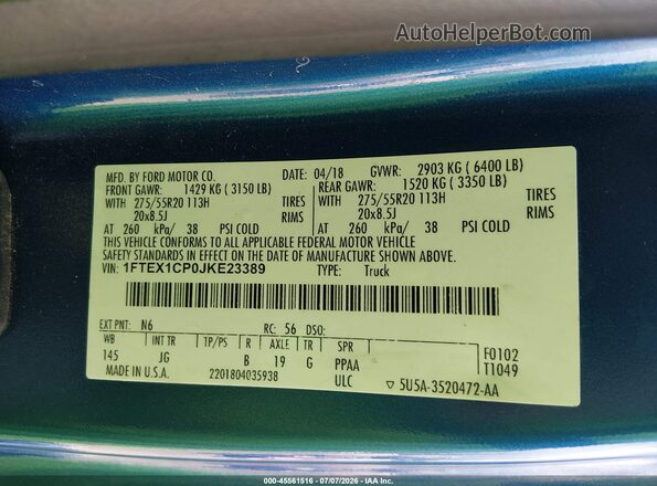 1FTEX1CP0JKE23389 2018 FORD F150 Blue ძრავის განყოფილების ხედი