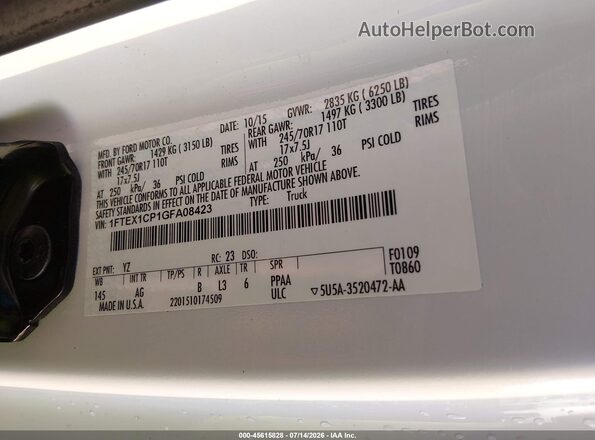 1FTEX1CP1GFA08423 2016 FORD F150 White Vista del compartimento del motor