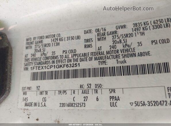 1FTEX1CP1GKF63251 2016 FORD F150 White Vista del compartimento del motor