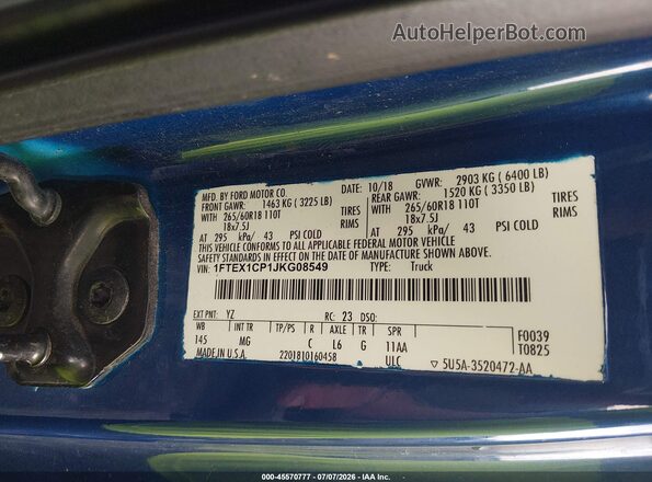 1FTEX1CP1JKG08549 2018 FORD F150 Blue Vista del compartimento del motor