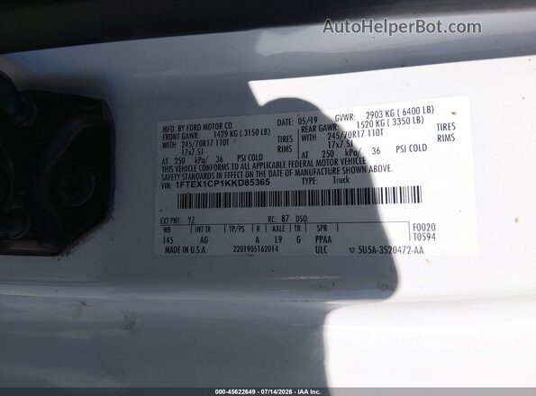 1FTEX1CP1KKD85365 2019 FORD F150 White Widok komory silnika
