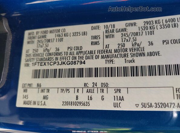 1FTEX1CP3JKG08794 2018 FORD F150 Blue ძრავის განყოფილების ხედი
