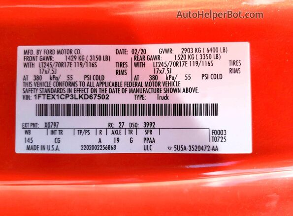 1FTEX1CP3LKD67502 2020 FORD F150 Red Engine compartment view