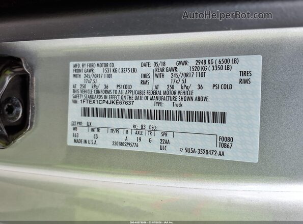1FTEX1CP4JKE67637 2018 FORD F150 Silver Vista del compartimento del motor