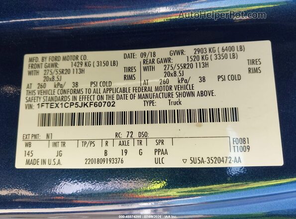 1FTEX1CP5JKF60702 2018 FORD F150 Blue Вид підкапотного простору